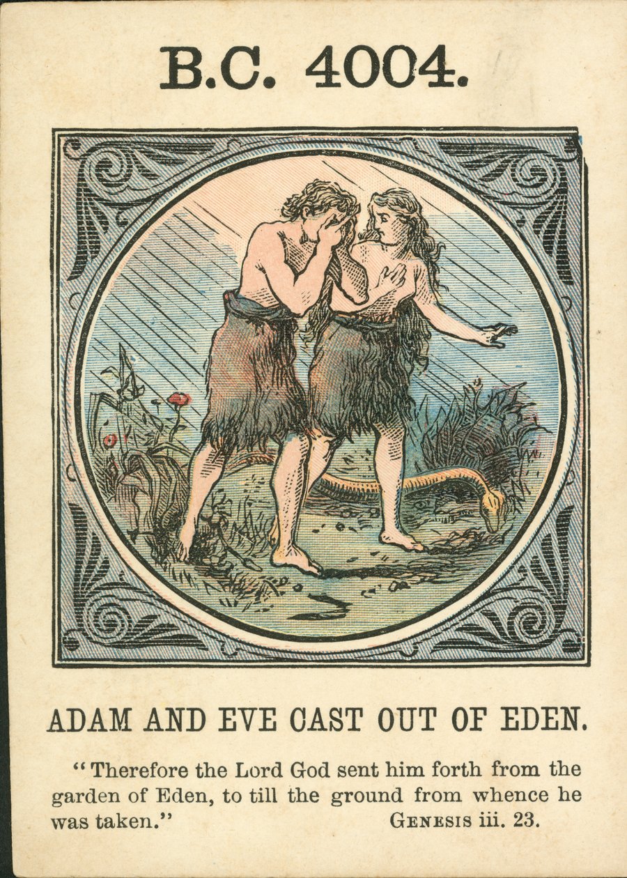 Anno Mundi: 4004 f.Kr., Adam og Eva kastet ut av Edens hage (fargelitografi) av English School
