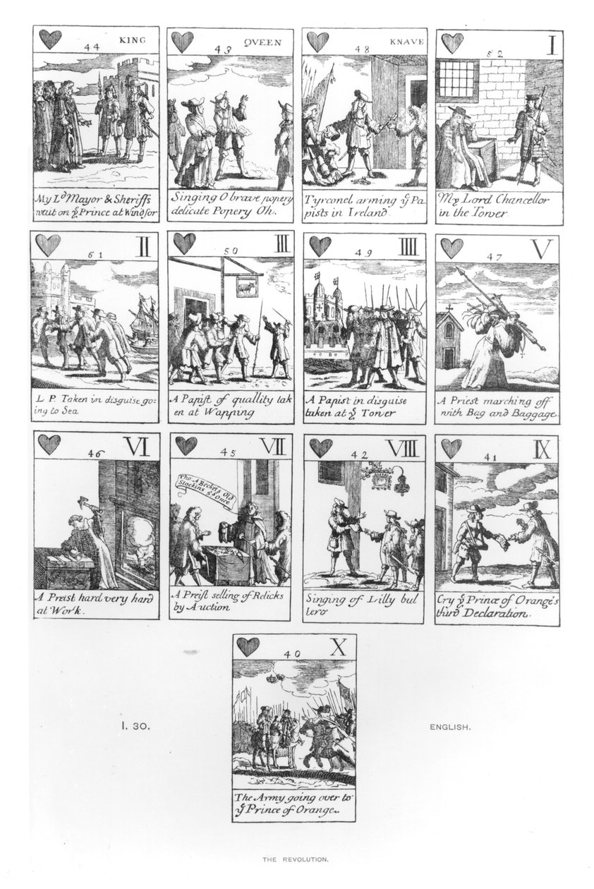 Anti-katolske spillekort til minne om den strålende revolusjonen i 1688, hjertedrakt av English School