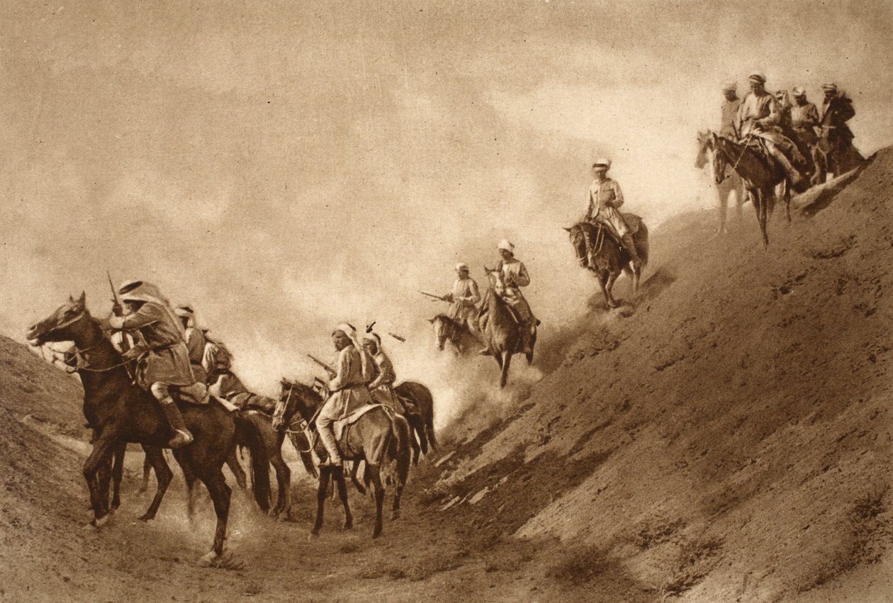 Arabisk montert politi hjalp britene med å krysse den tørkede sengen til en eldgammel kanal, 1914-19 av English School
