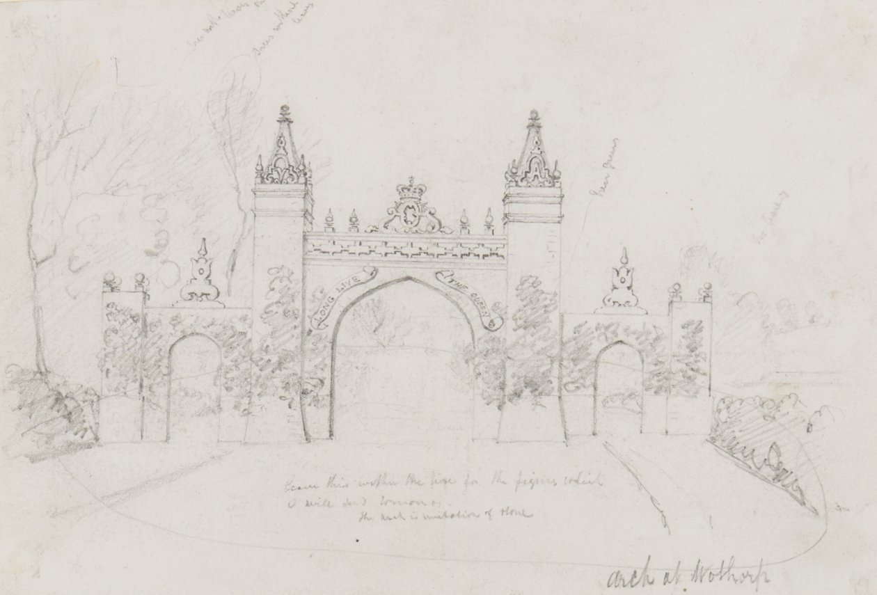 Arch ved Wothorp, Cambridgeshire, reist for å ønske dronning Victoria og prins Albert velkommen på vei til Burghley House av English School