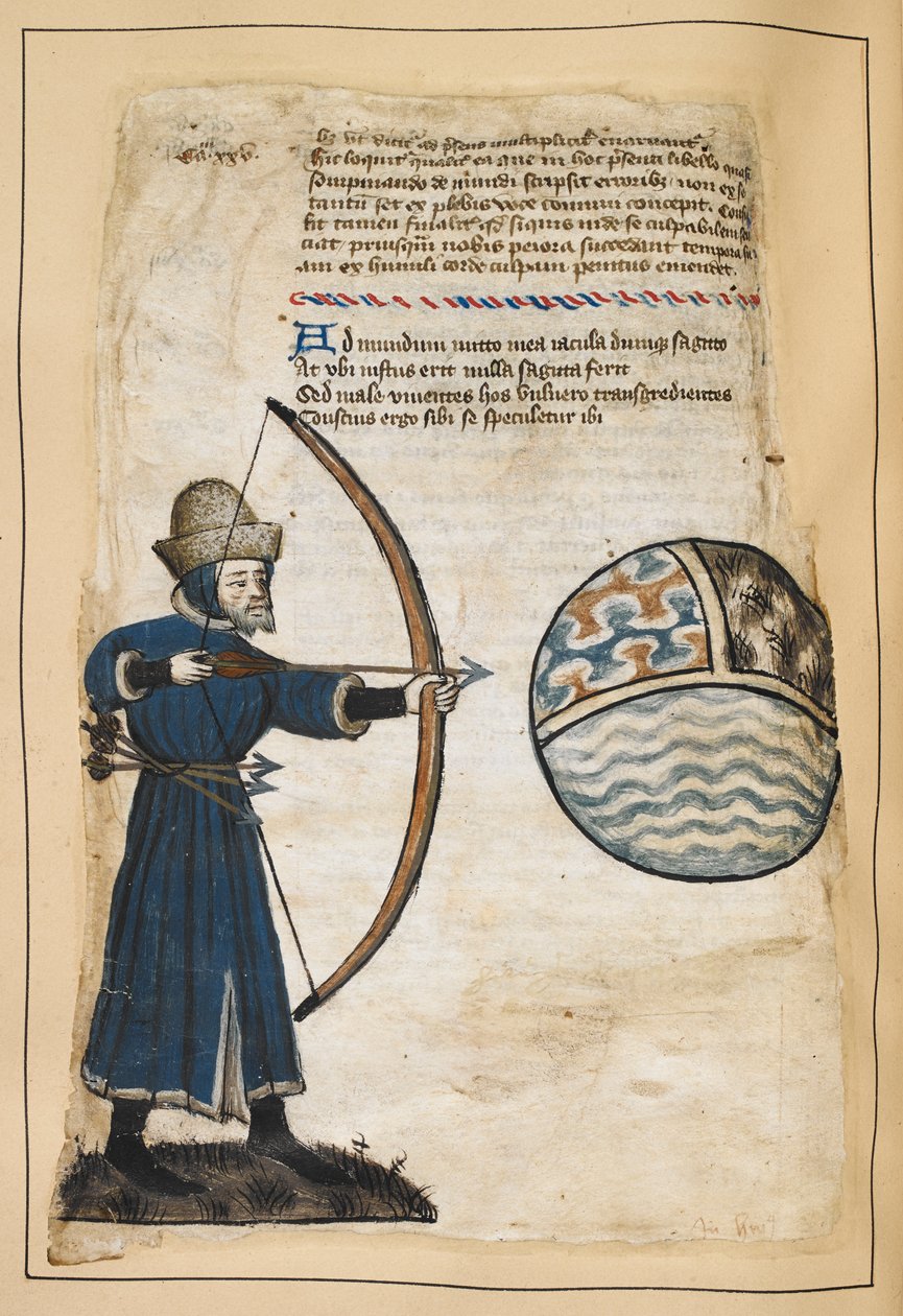 Archer (John Gower?) som skyter piler mot verden for å treffe de onde, illustrasjon fra 