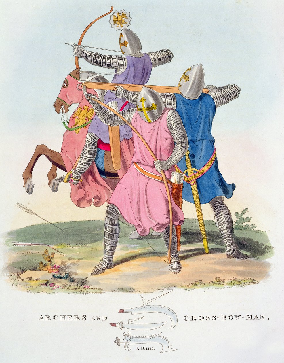 Archers and a Cross-bowman, 1312, fra Ancient Armor av Samuel Rush Meryrick, 1824 av English School