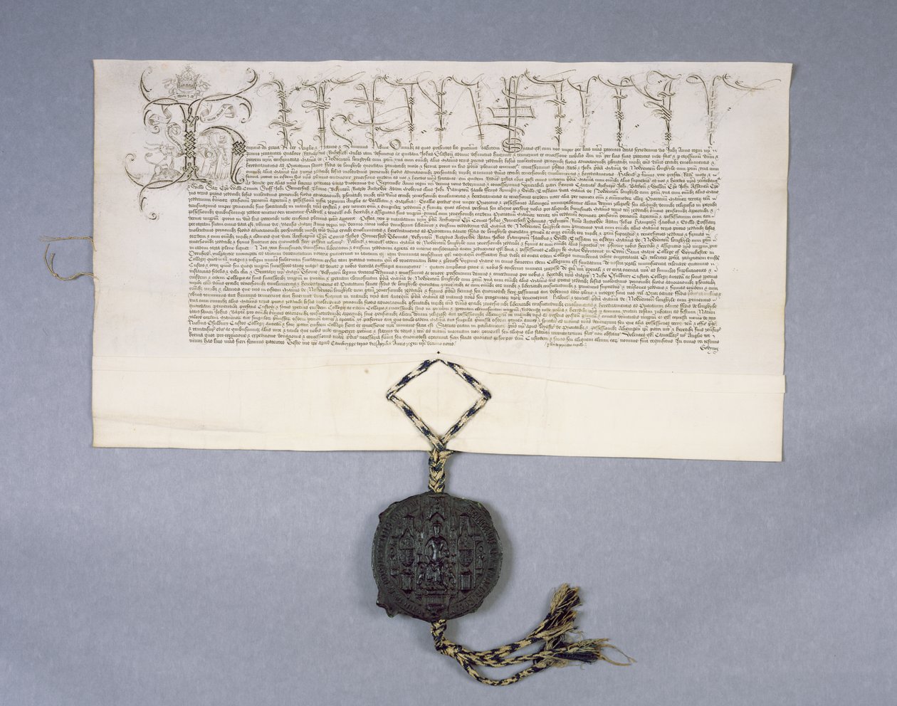 Arkiv 11980: Charteropptaksbevilgning av kong Henry VI til New College Oxford av eiendommene til Newton Longville, 1441 (blekk på pergament) av English School