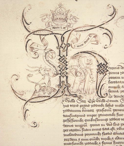 Arkiv 11980: Dekorert initial H fra kongelig charteropptaksstipend av kong Henry VI til New College Oxford av eiendommene til Newton Longville av English School