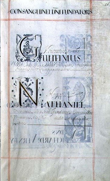 Arkiv 3693 f.46 Side som viser tre velgjørere fra New College, Oxford: Gulielmus, Nathaniel, fra en velgjørelsesbok av English School