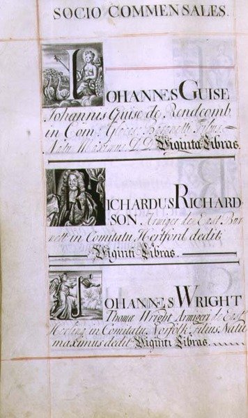 Arkiv 3693 f.60v Side som viser tre velgjørere fra New College, Oxford; Johannes Guise, Richardus Richardson og Johannes Wright, fra en velgjørelsesbok, 16812-84 (penn og blekk) av English School
