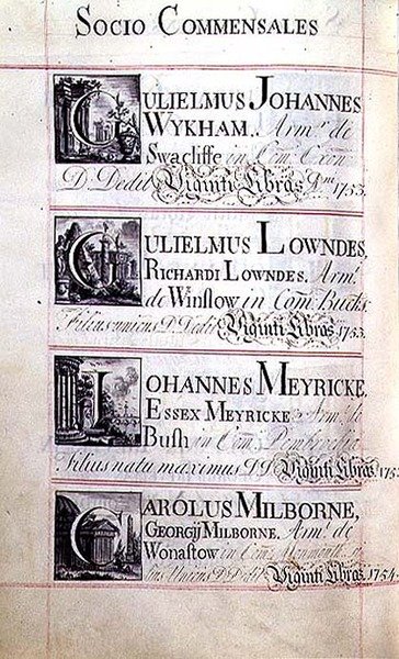 Arkiv 3693 f.94v Side som viser fire velgjørere fra New College, Oxford; Gulielmus Johannes Wykham, Gulielmus Lowndes, Johannes Meyricke og Carolus Milborne av English School