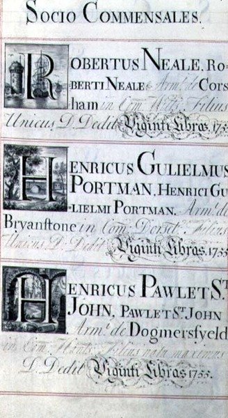 Arkiv 3693 f.95 Side som viser tre velgjørere fra New College, Oxford; Robertus Neale, Henricus Gulislmus Portman og Henricus Pawlet St. John av English School