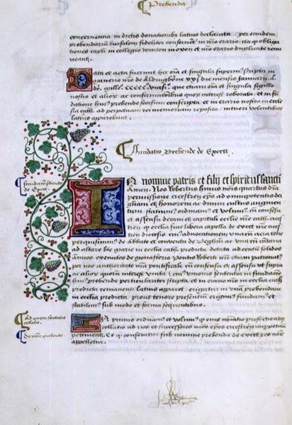 Arkiv 9432 f.15v Side med tekst med opplyst initial, fra Foundations Book of Robert Sherborne eller Shirburn (ca. 1450-1536) Biskop av Chichester (vellum) av English School