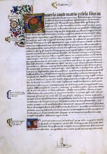 Arkiv 9432 f.17v Side med tekst med opplyst initial, fra Foundations Book of Robert Sherborne eller Shirburn (ca. 1450-1536) Biskop av Chichester (vellum) av English School