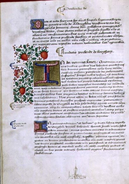 Arkiv 9432 f.19v Side med tekst med opplyst initial 