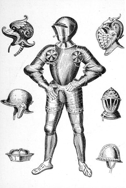 Rustninger og hjelmer fra 1400-tallet (gravering) av English School