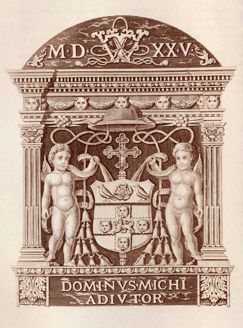 Arms of Cardinal Wolsey i terrakotta ved Hampton Court Palace, fra History of Hampton Court Palace i Tudor Times av Ernest Law, publisert London 1885 av English School
