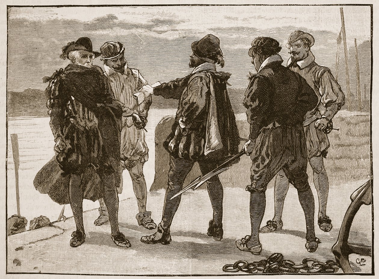 Arrestasjon av Sir Walter Raleigh, illustrasjon fra Cassells Illustrated History of England (sepiafoto) av English School