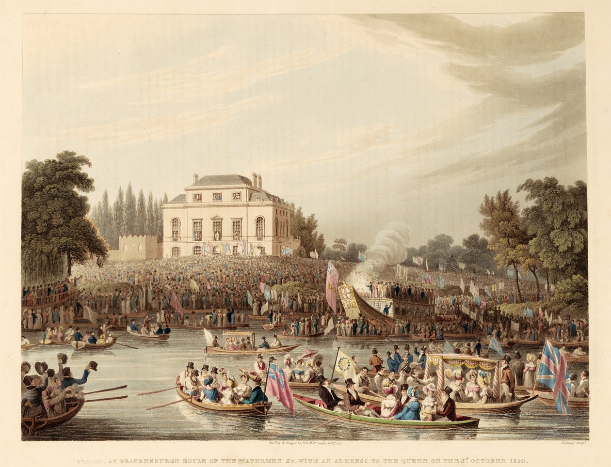 Ankomst til Brandenburg House of the Watermen, etc. med adresse til dronningen den 3. oktober 1820, pub. 1821 (farget gravering) av English School