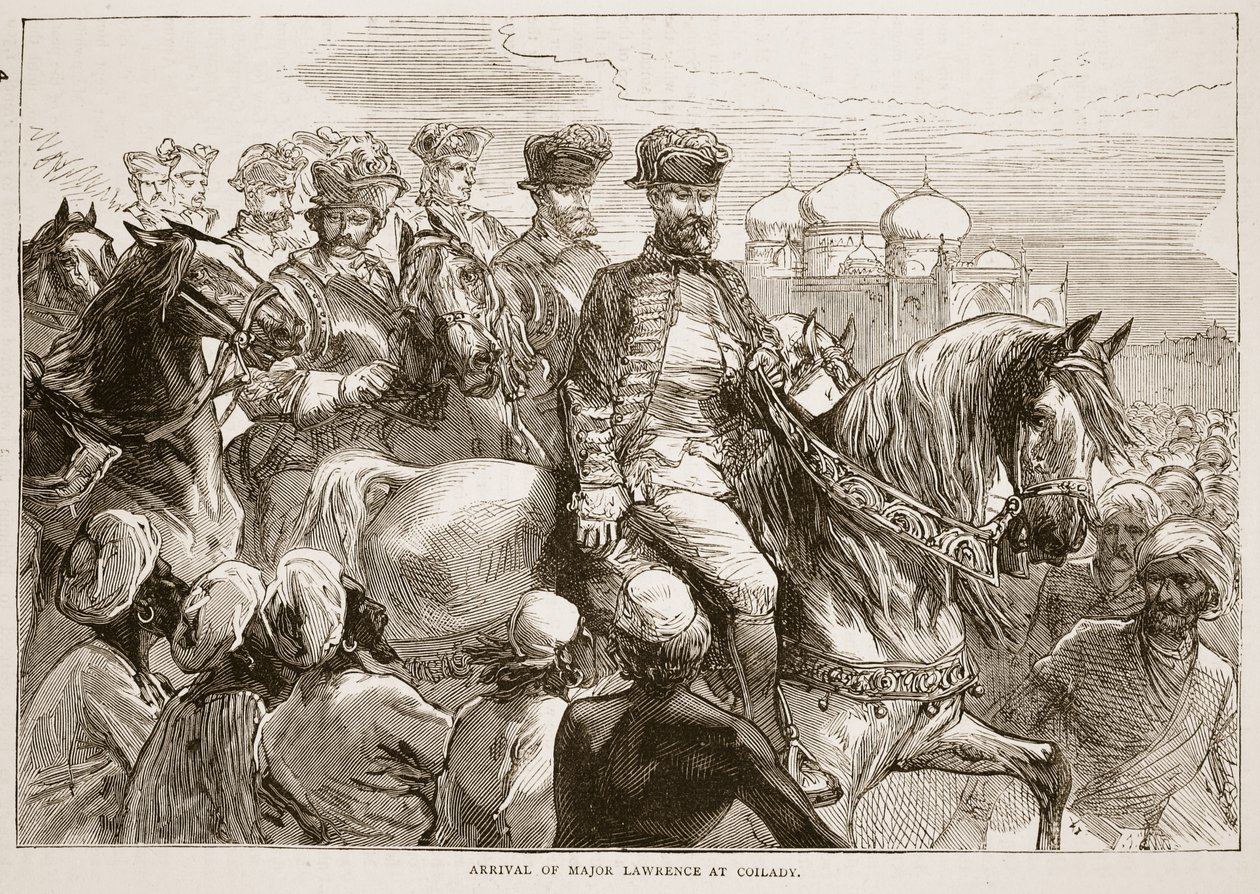 Major Lawrences ankomst til Coilady, illustrasjon fra Cassells Illustrated History of India av James Grant, pub. 1879 av English School