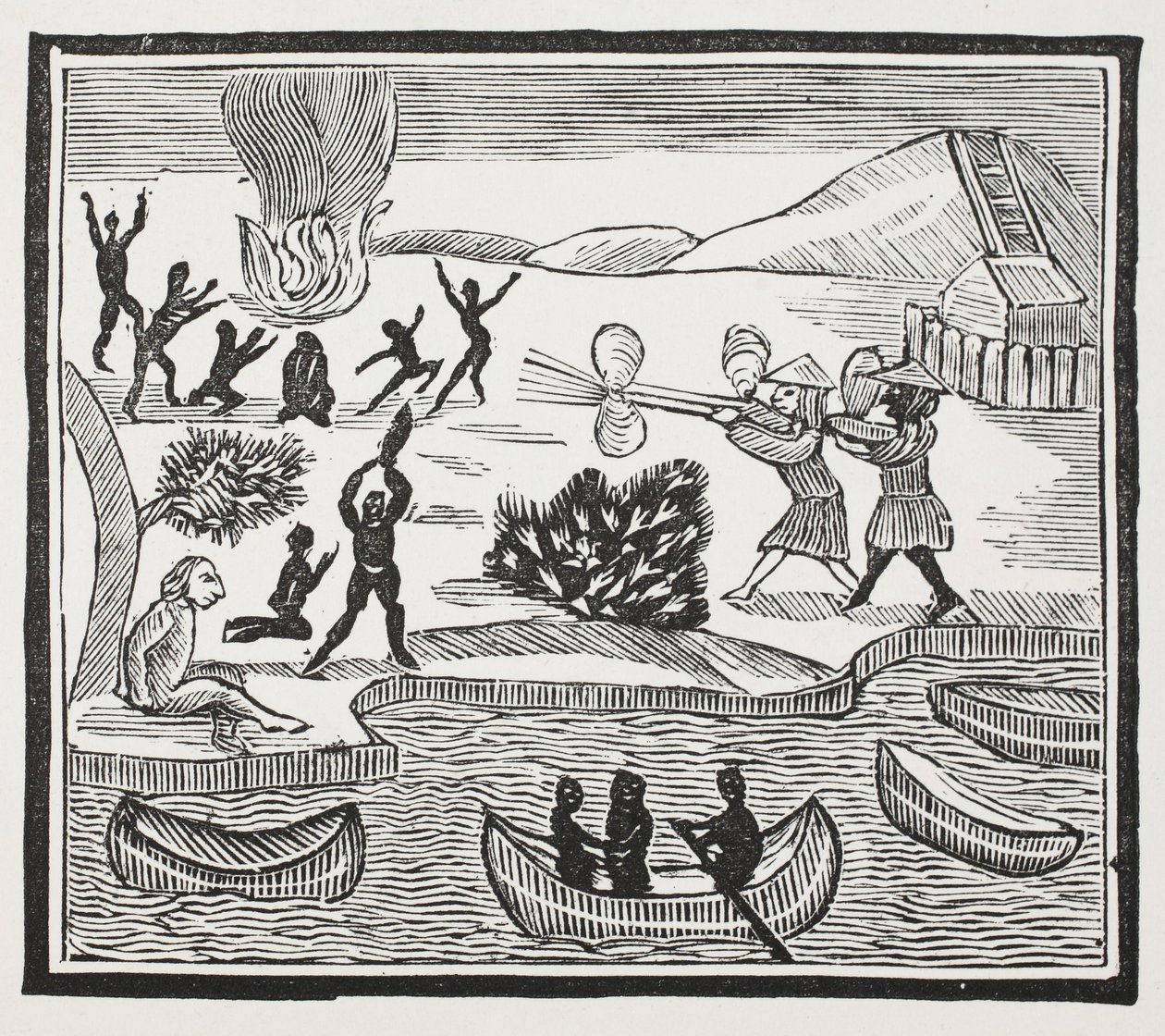 Arrival of Savages with Christian Prisoner, illustrasjon fra Chap-books of the Eighteenth Century av John Ashton, pub. 1882 av English School