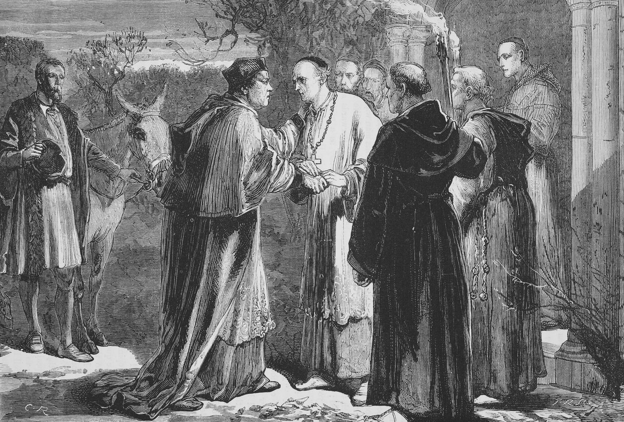 Ankomst av Wolsey til Abbey i Leicester, illustrasjon fra The History of Protestantism av James Aitken Wylie (1808-1890), pub. 1878 av English School