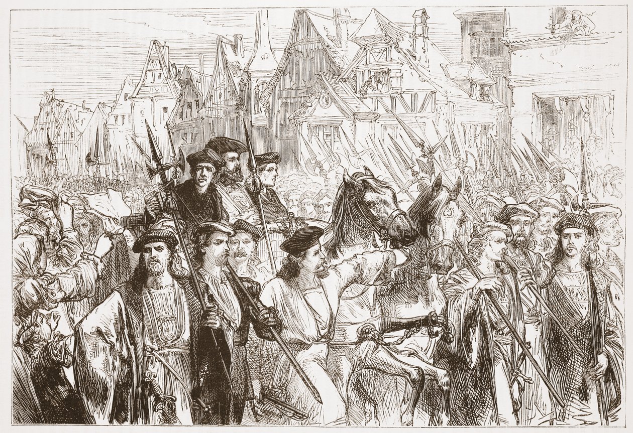 Ankomst av Wittemberg-teologene til Leipsic, illustrasjon fra The History of Protestantism av James Aitken Wylie (1808-1890), pub. 1878 av English School