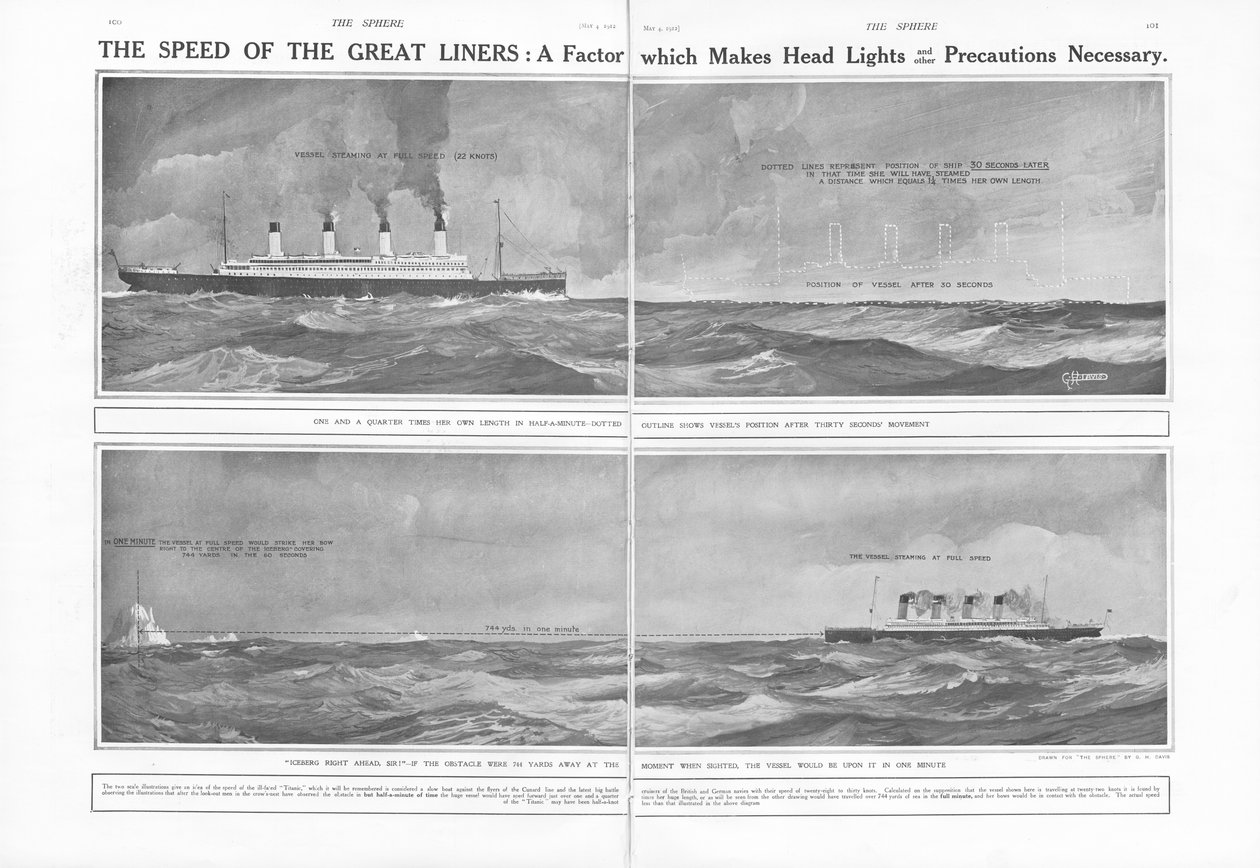 Artikkel om The Speed of the Great Liners: En faktor som gjør frontlys og andre forholdsregler nødvendige, fra The Sphere, 4. mai 1912 av English School