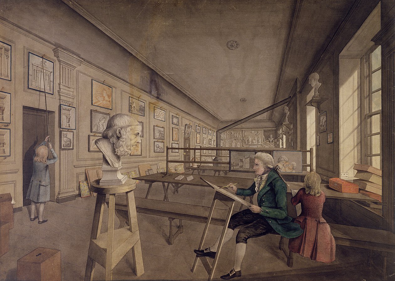 Kunstner som kopierer en byste i Royal Academy of Arts ved Somerset House, ca. 1780 (wc på papir) av English School