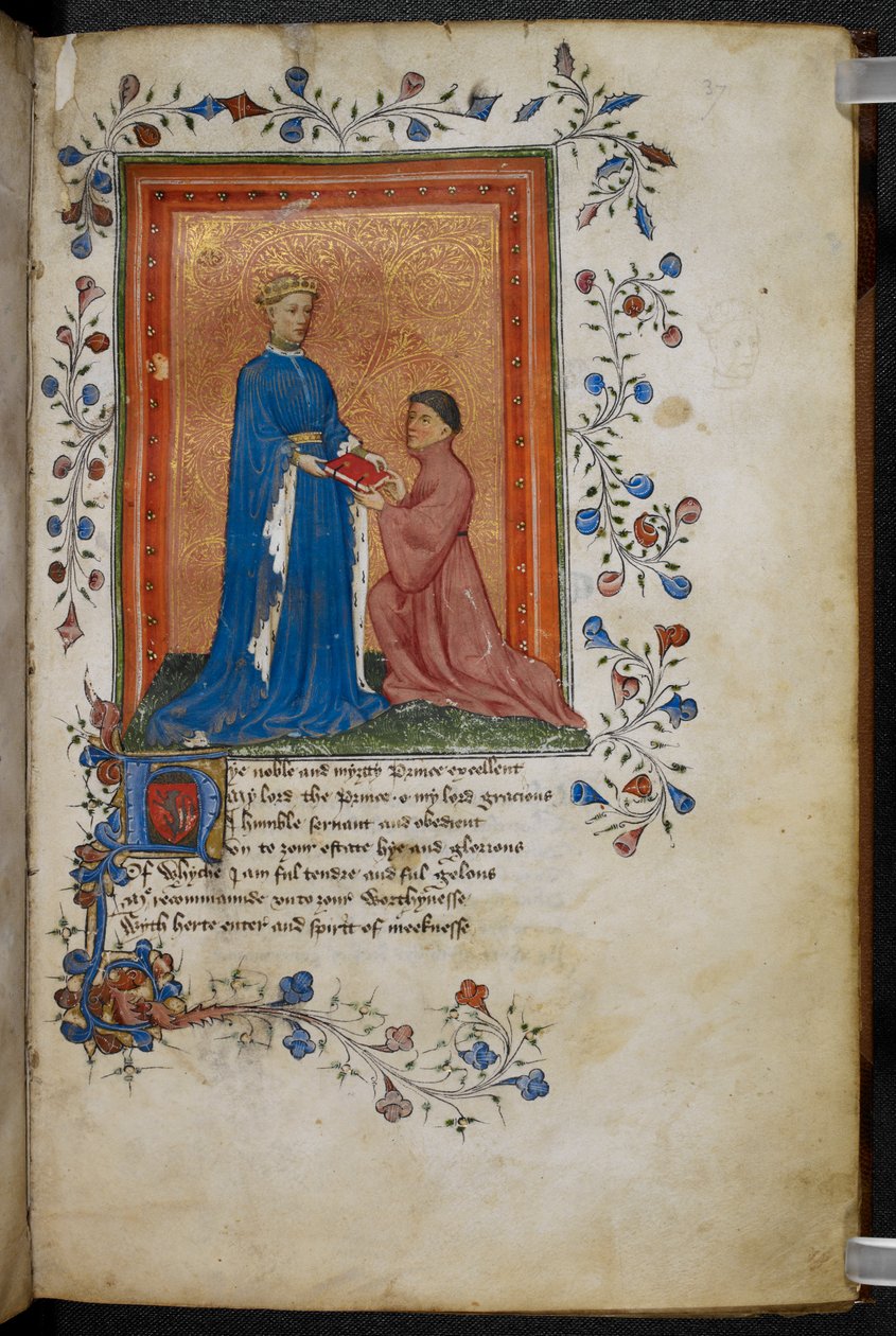 Arundel 38 f.37 Thomas Hoccleve presenterer sin bok `Regement of Princes