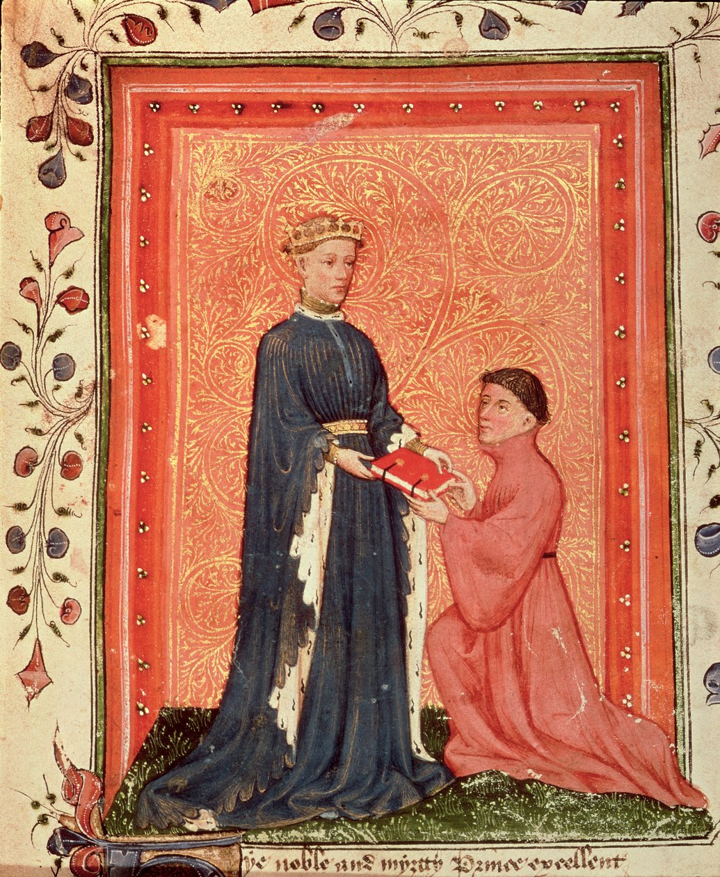 Arundel 38 f.37 Thomas Hoccleve presenting his book `Regement of Princes