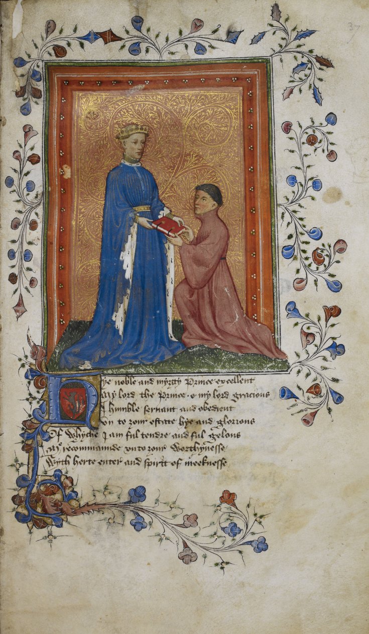 Arundel 38, f.37 Thomas Hoccleve presenterer en bok til prins Henry av Lancaster, illustrasjon fra 