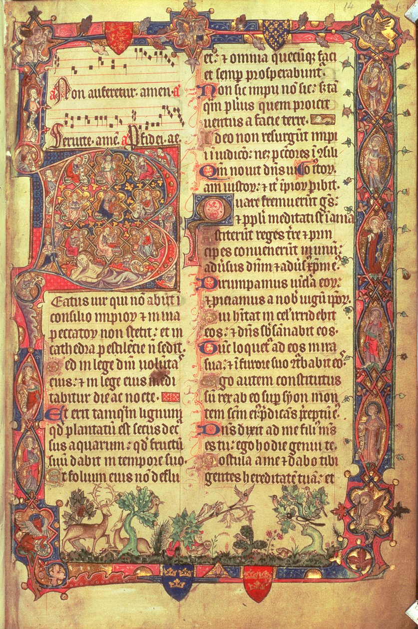 Arundel 83 f.14 Hjorter og fugler, fra Arundel Psalter, ca. 1310 (vellum) av English School