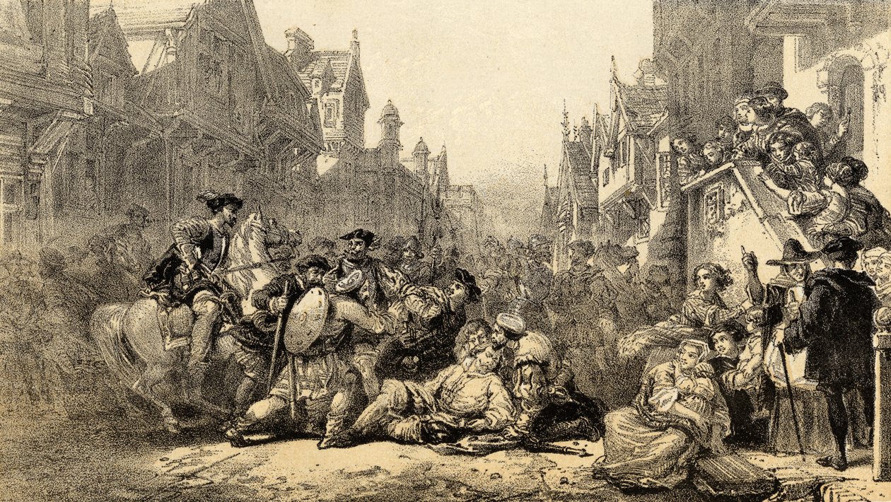 Attentat på regent James Stewart Moray (ca. 1531-70) regent av Skottland, i Old Linlithgow, West Lothian av English School