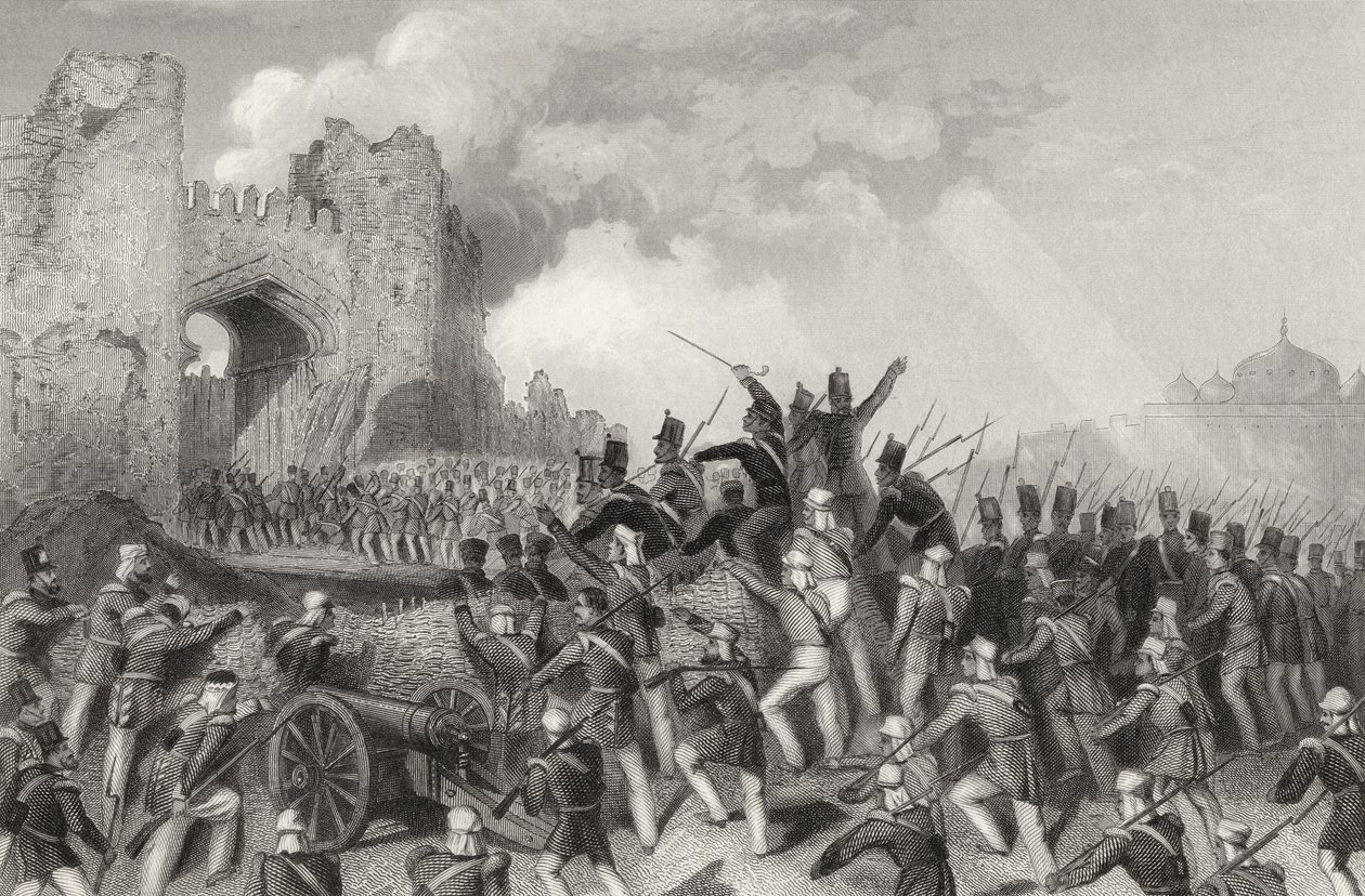 Assault of Delhi og Capture of the Cashmere Gate 14. september 1857, fra "The History of the Indian Myttery" publisert i 1858 av English School