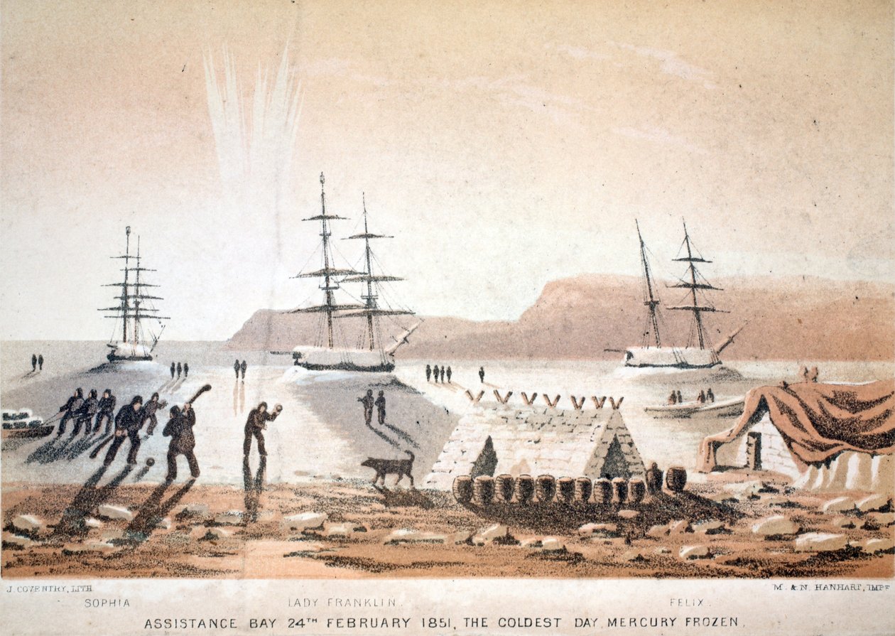 Assistance Bay, 24. februar 1851, den kaldeste dagen. Mercury Frozen, illustrasjon fra Voyage to Baffins Bay and Barrow Straits..., 1852 (håndfarget gravering) av English School