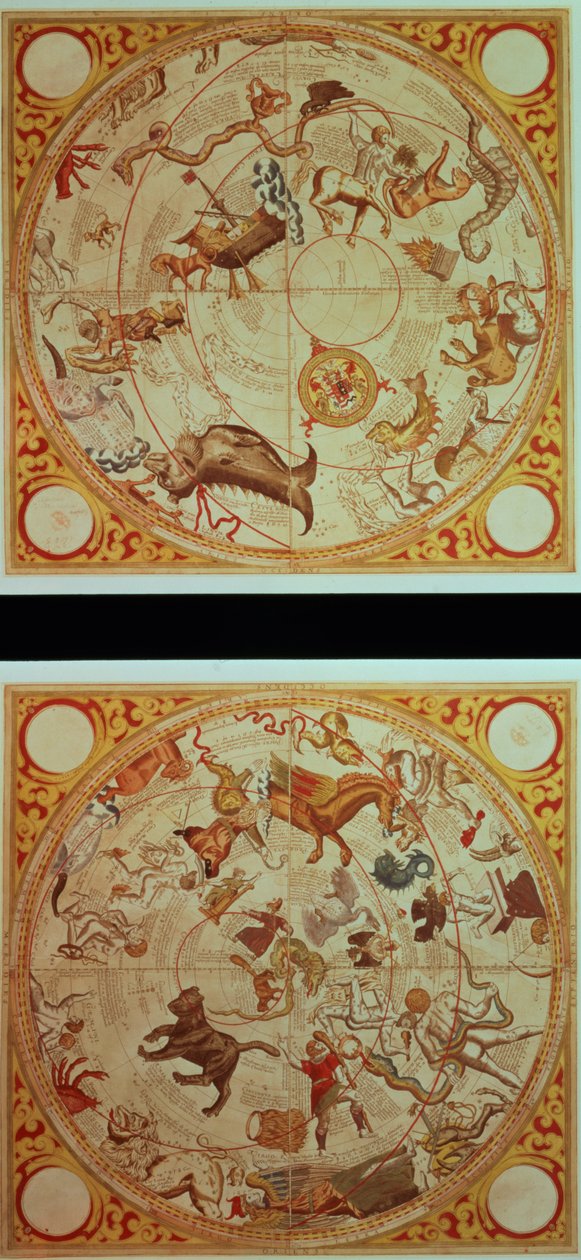 Astrologisk kalender, stjernetegn, ca. 1660 (håndfarget gravering) av English School