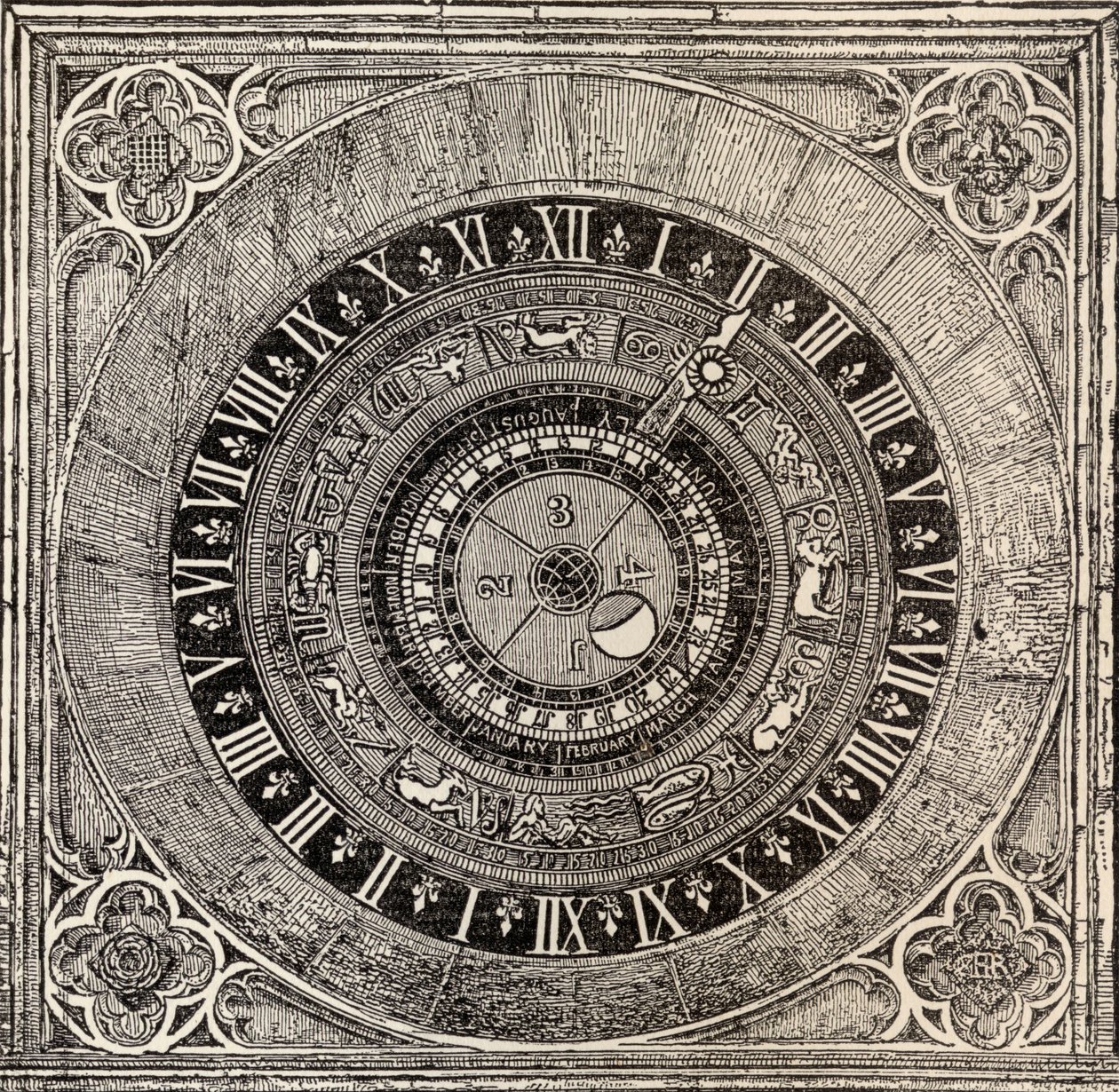 Astronomisk klokke i Hampton Court Palace, fra History of Hampton Court Palace i Tudor Times av Ernest Law, utgitt London 1885 av English School