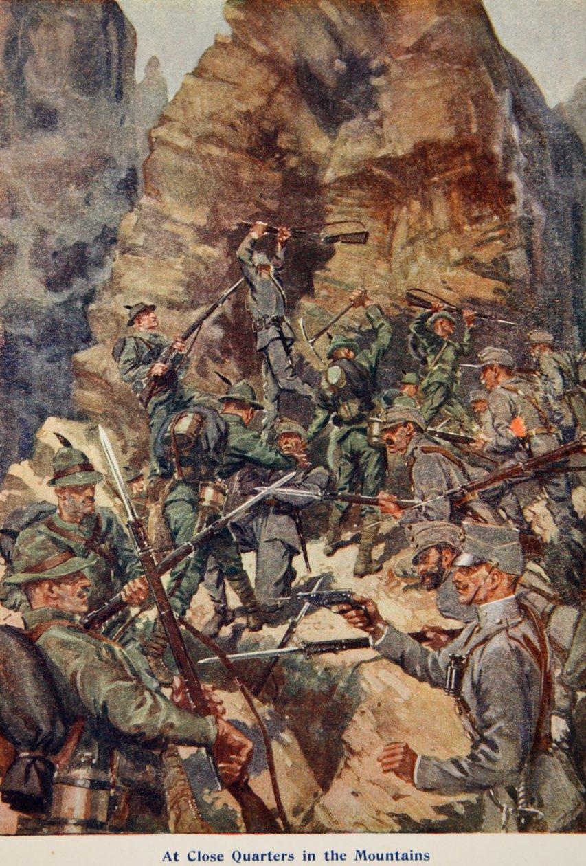 At Close Quarters in the Mountains, illustrasjon fra Told in the Huts: The YMCA Gift Book, utgitt 1916 av English School