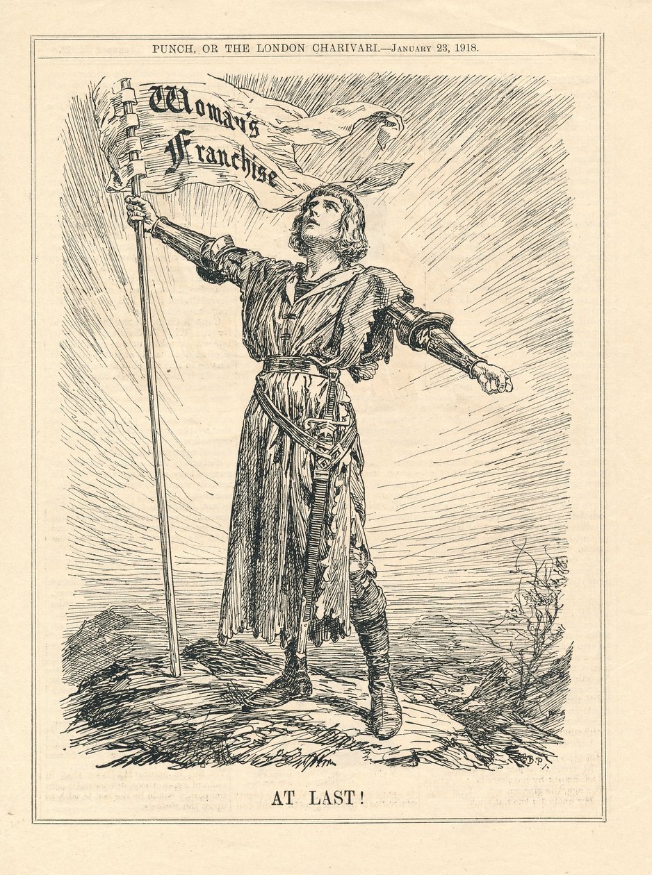 At Last, illustrasjon av kvinnelig kriger som feirer Woman's Franchise, Punch, 23. januar av English School