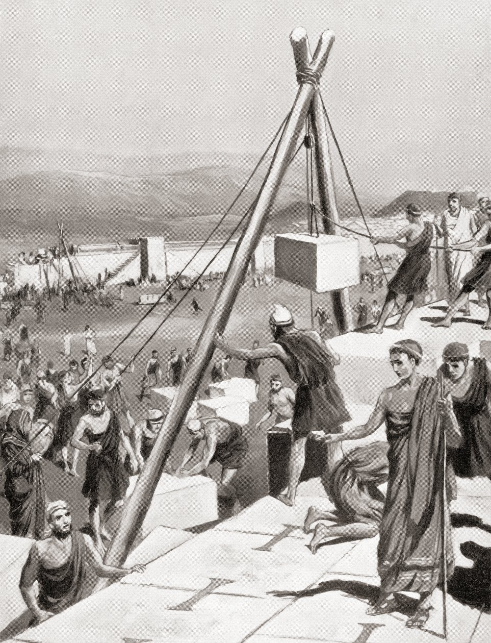Athenerne gjenoppbygger byen sin under ledelse av Themistokles etter den persiske invasjonen av Hellas, ca. 479 f.Kr., fra Hutchinson