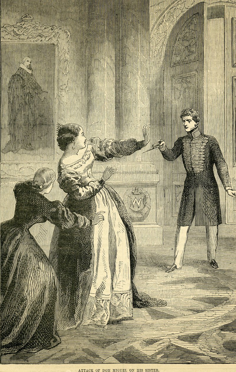 Angrep av Don Miguel på søsteren hans, hentet fra Cassells Illustrated History of England, 18571858 av English School