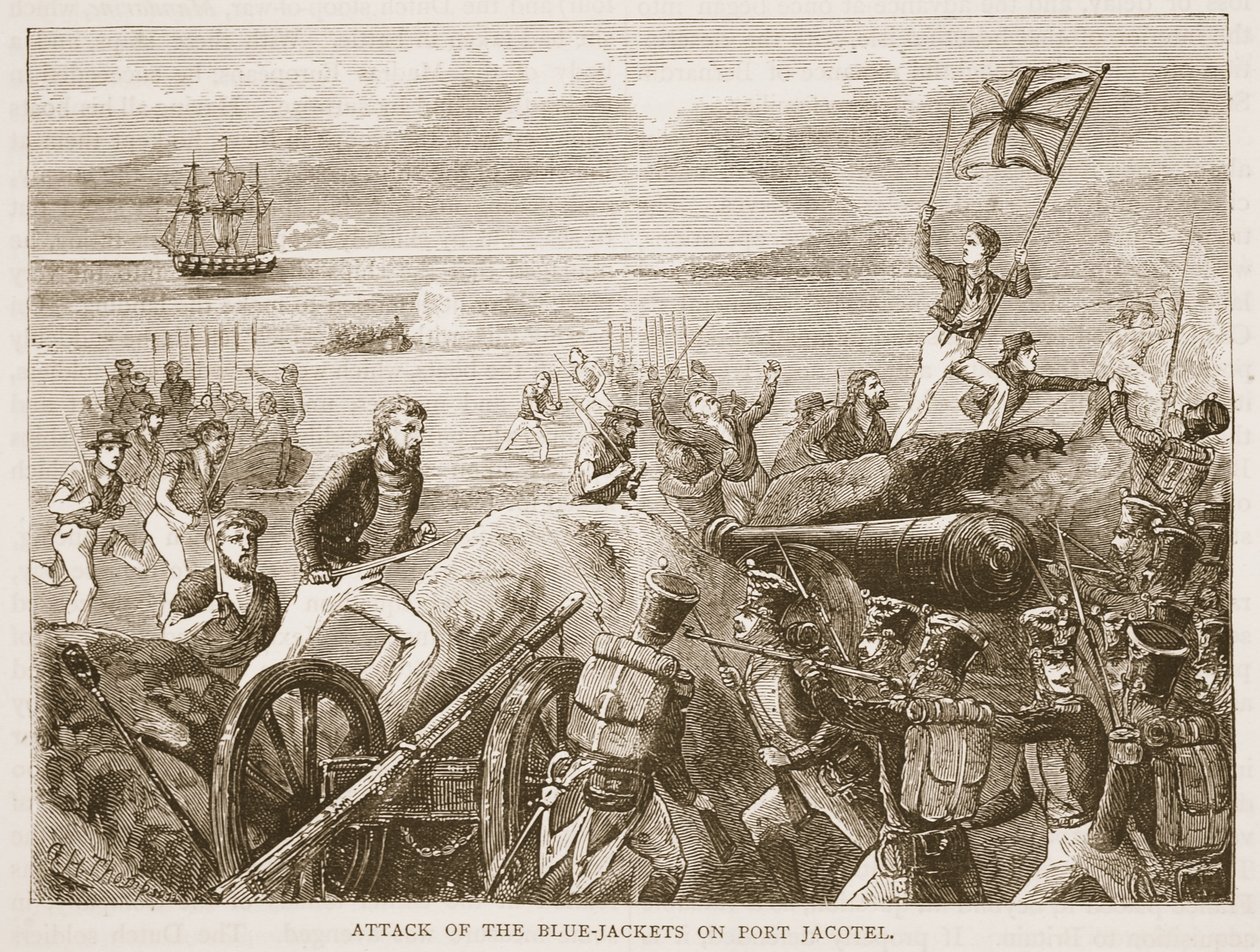 Attack of the Blue-jackets on Port Jacotel, illustrasjon fra Cassells Illustrated History of India av James Grant, pub. 1879 av English School