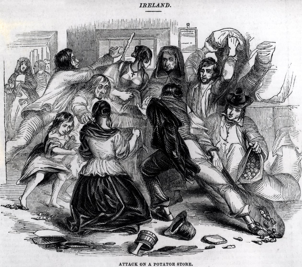 Angrep på en potetbutikk i Irland, ca. 1845 av English School