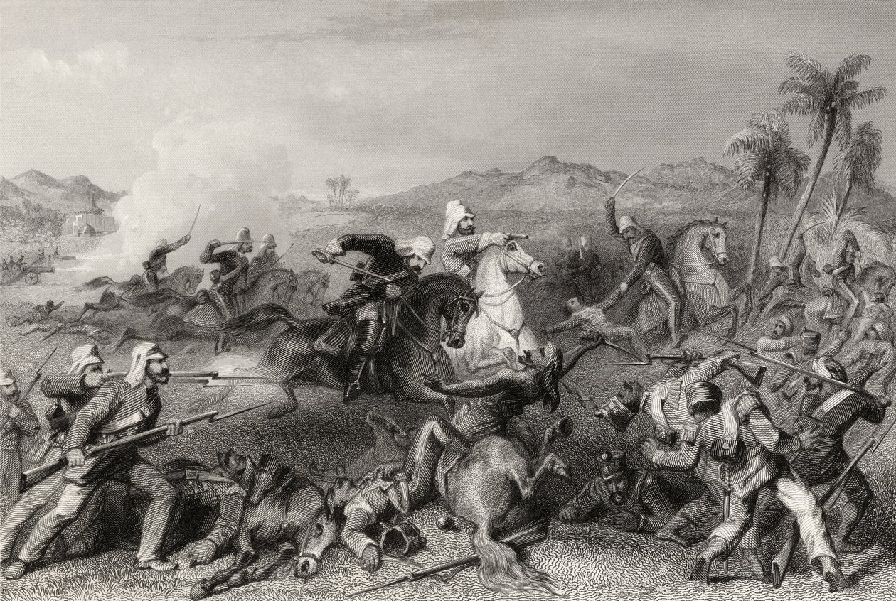 Angrep på Sealcote-mytteristene av general Nicholsons irregulære kavaleri i 1857, fra 'The History of the Indian Mutiny' publisert i 1858 av English School