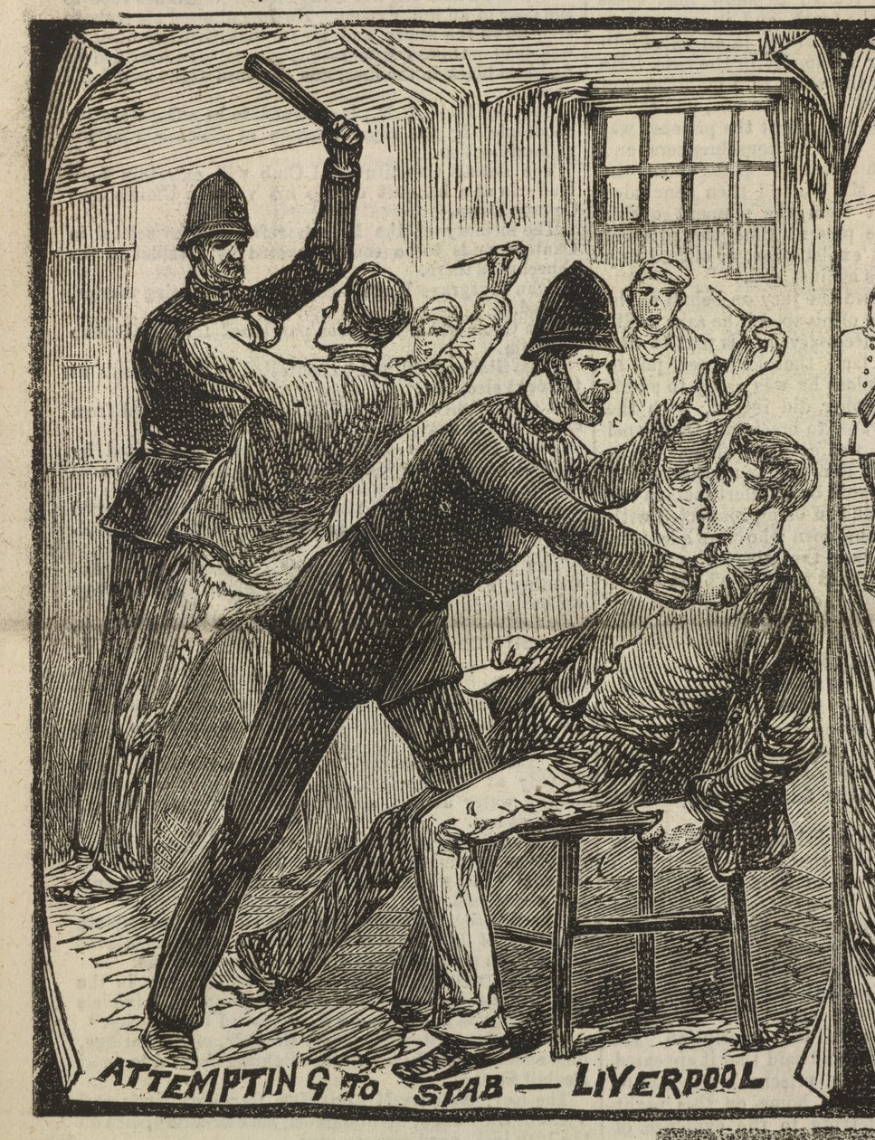 Forsøk på å stikke - Liverpool, fra 'Illustrated Police News', 27. september 1884 (gravering) av English School