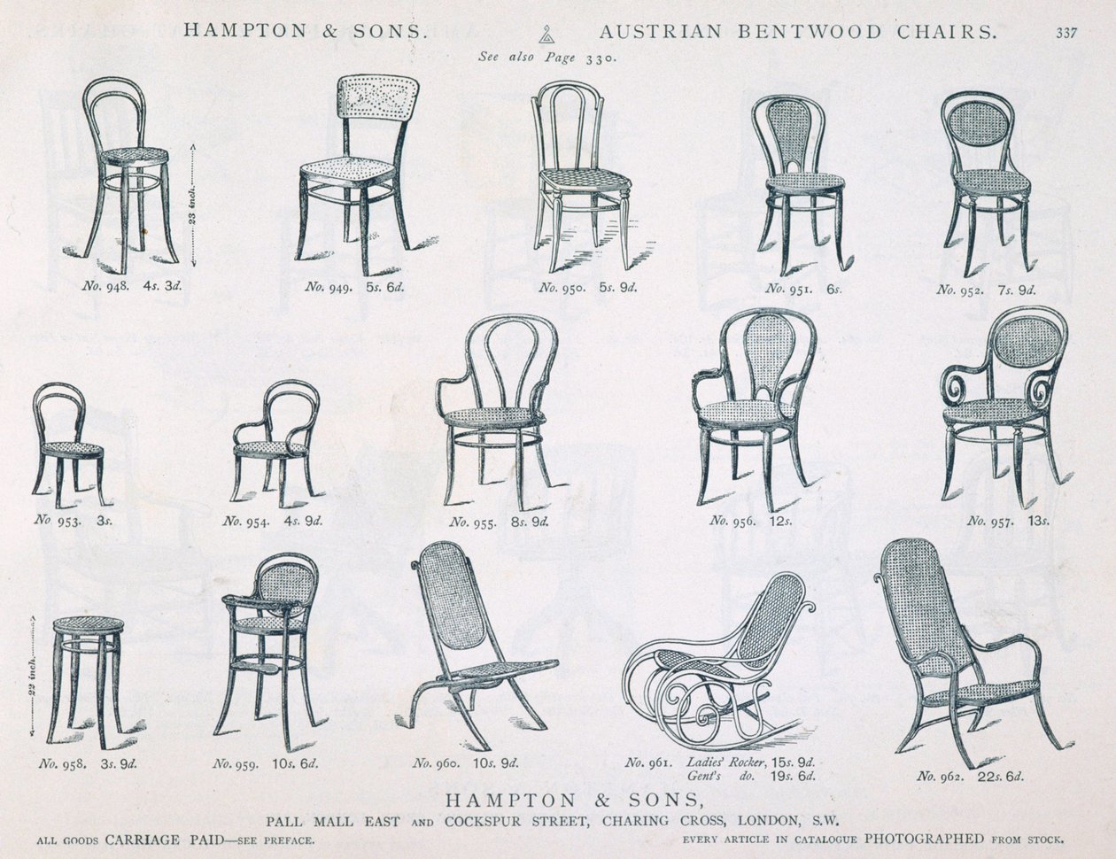 Østerrikske Bentwood-stoler fra Hampton and Sons Møbelkatalog, 1902, svart og hvit gravering av English School