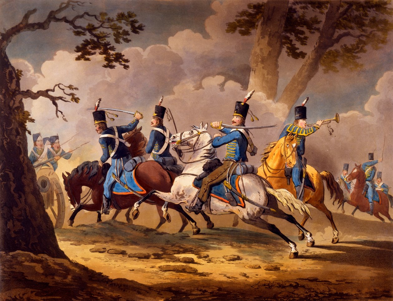Østerriksk infanteri forsvarer artilleriet sitt fra prøyssiske husarer, fra serier av kavaleriaksjoner fra de allierte under Napoleon-kampanjene publisert 1799-1802 (håndfarget litho) av English School