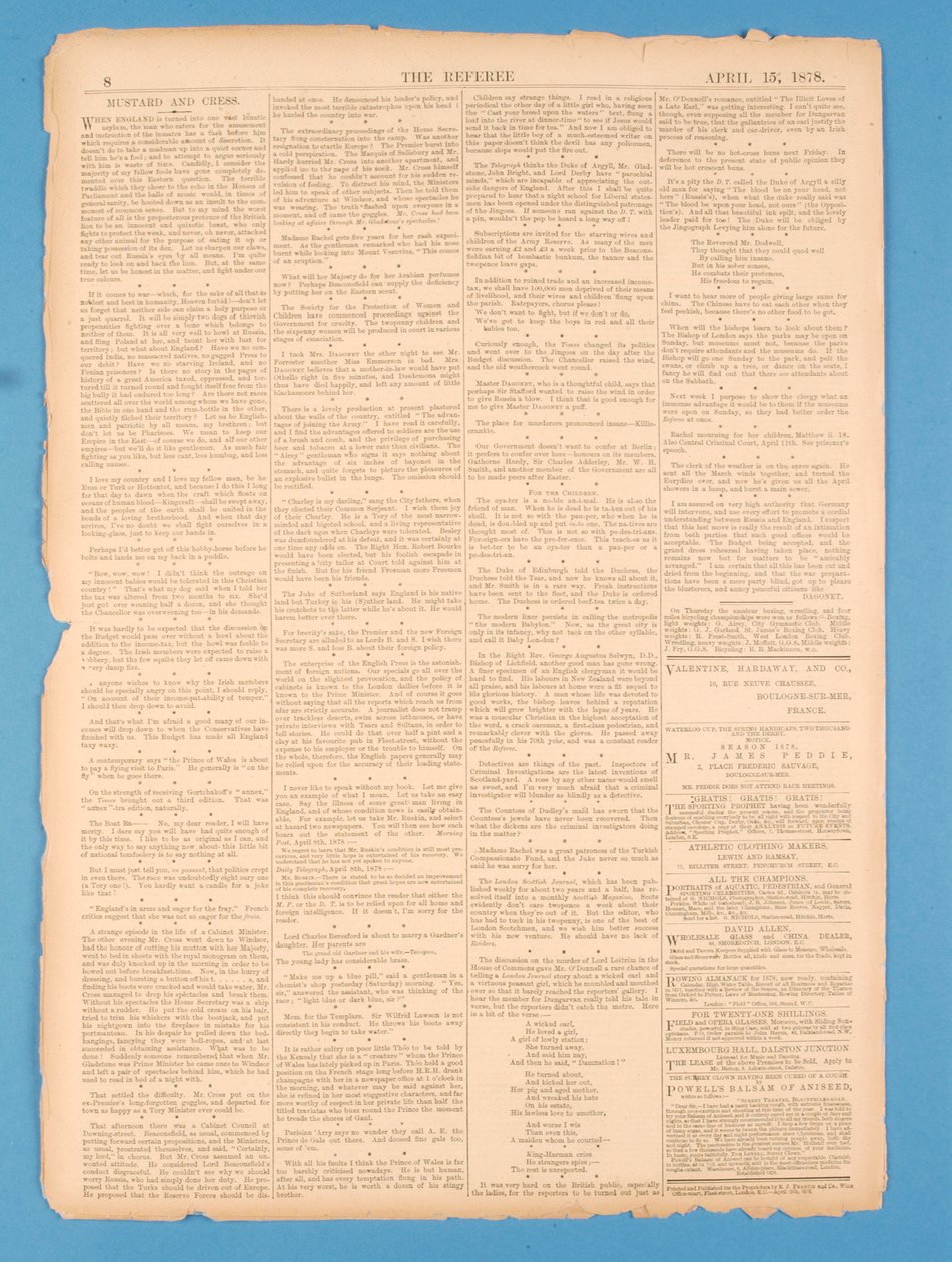 Baksiden av The Referee, nr.35. 15 april 1878 av English School