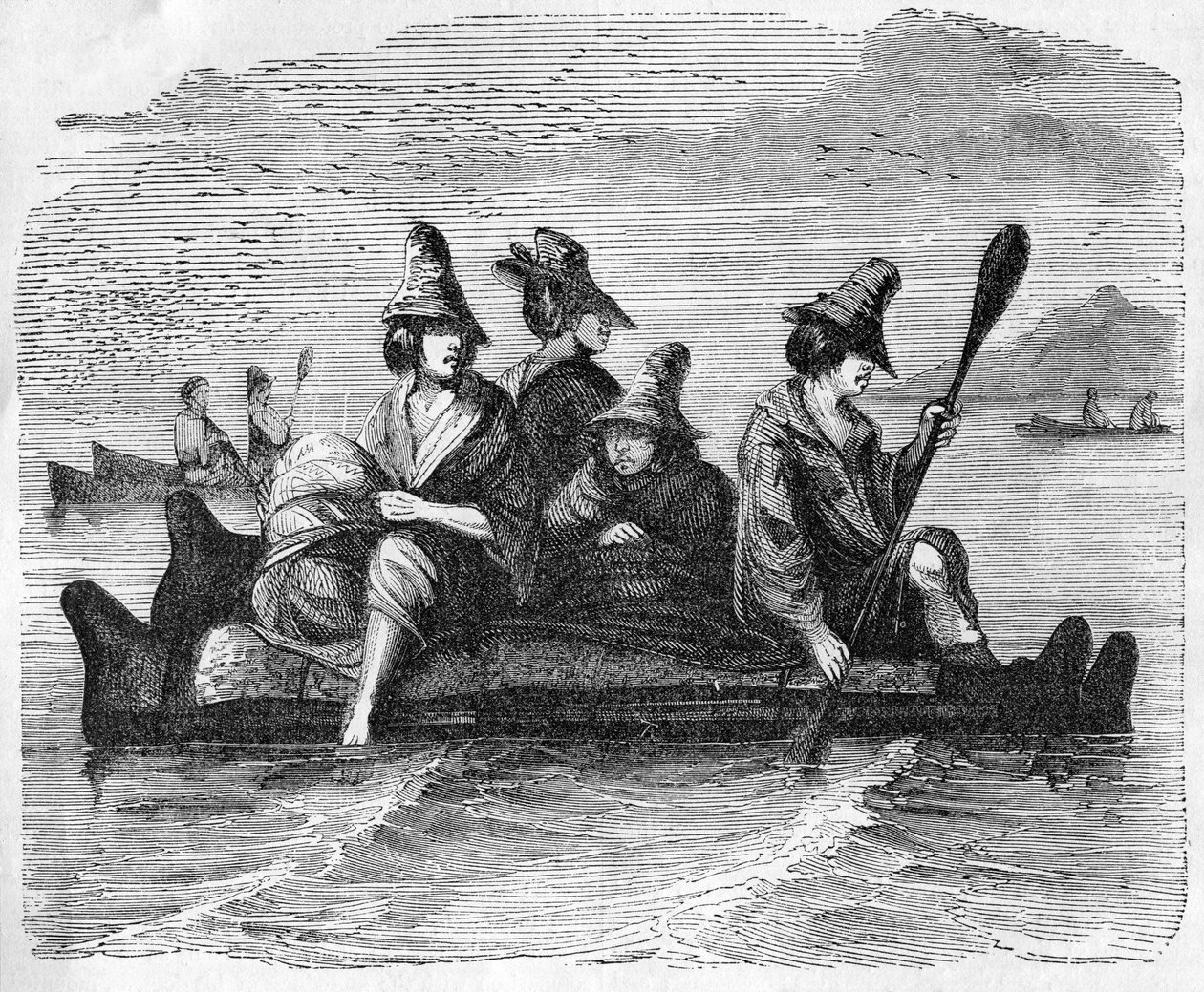 Balsas, eller Boat of Skin, brukt av de innfødte på den amerikanske kysten, illustrasjon fra 