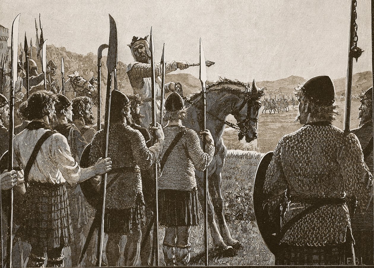 Bannockburn: Bruce gjennomgår troppene sine før kamp, illustrasjon fra Cassells Illustrated History of England (sepiafoto) av English School