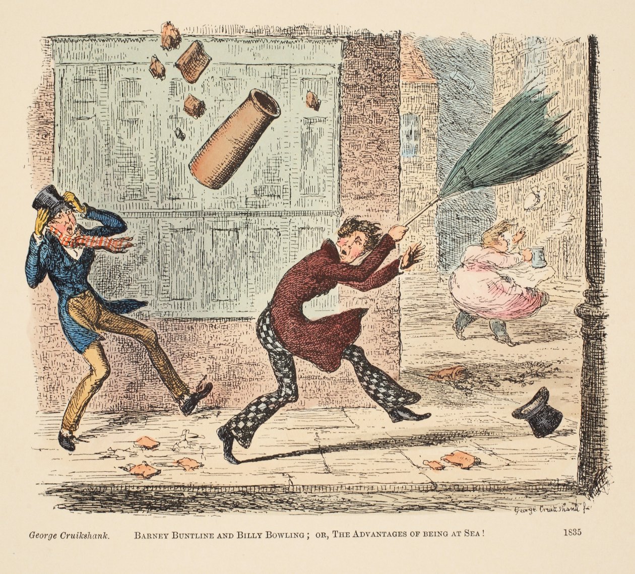 Barney Buntline og Billy Bowling; eller, The Advantages of Being at Sea, pub. 1835 (håndfarget gravering) av English School