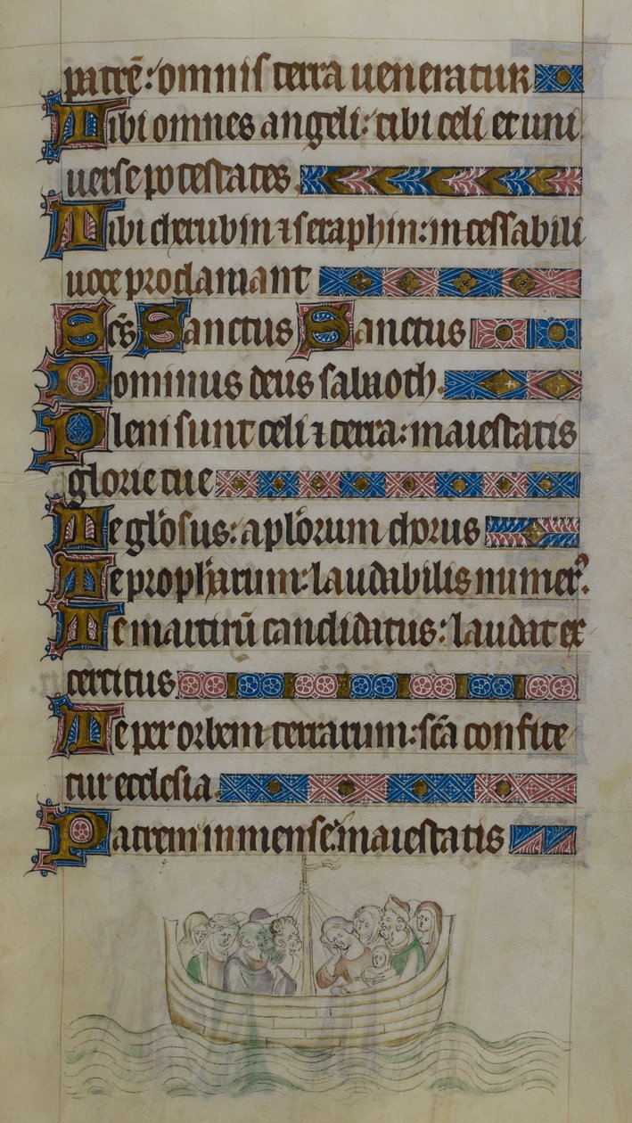 Bas-de-page scene som viser Thomas Becket og følgesvenner som krysser kanalen i en båt mens de reiser i eksil i Frankrike, illustrasjon fra 
