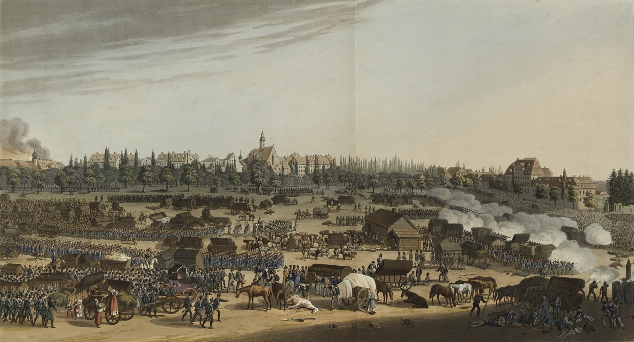 Slaget ved Leipzig, 16.–19. oktober 1813, fra En illustrert oversikt over viktige hendelser i Europas annaler i årene 1812, 1813, 1814 og 1815, 1815 (fargeakvatint) av English School